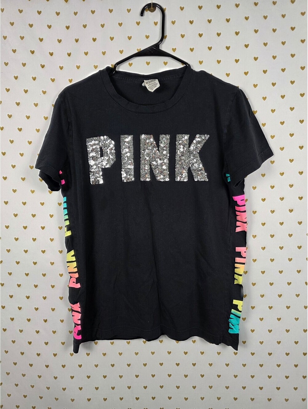 Victorias Secret PINK Rainbow Bling logo Black tee shirt Small